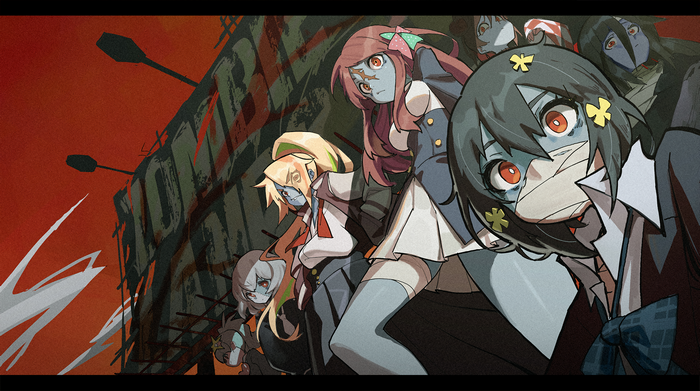 Zombie Land Saga characters in front of a damaged structure