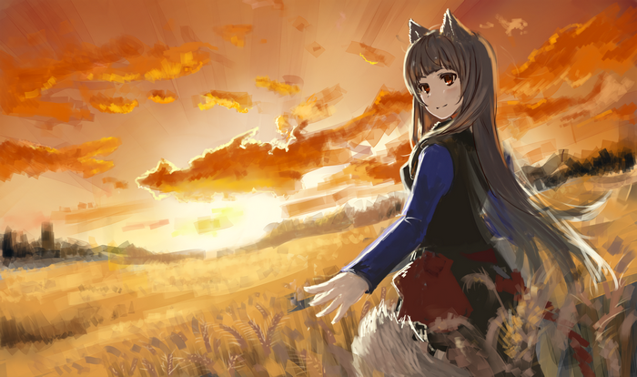 Holo from Spice & Wolf in a wheat field at sunset
