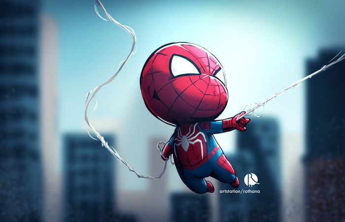 Chibi Spider-Man swinging through a city