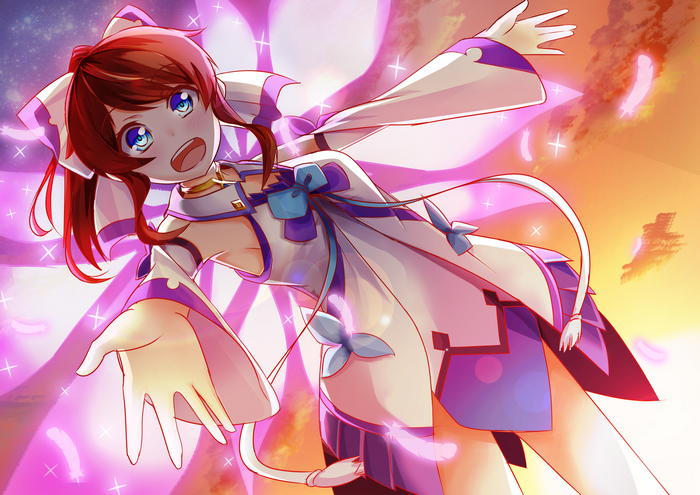 Girl with red hair and blue eyes in a white and purple outfit