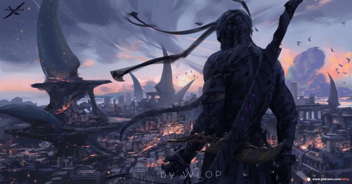 GhostBlade Warrior overlooking a burning city