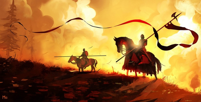 Knights on horseback with banners and spears