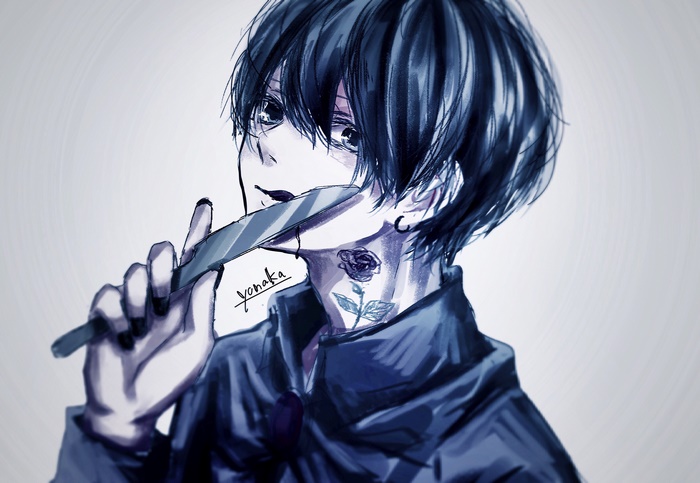 Anime boy with knife and rose tattoo