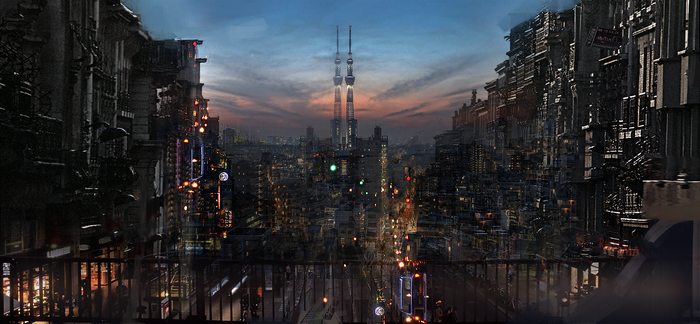 Futuristic Cityscape at Dusk with Twin Towers