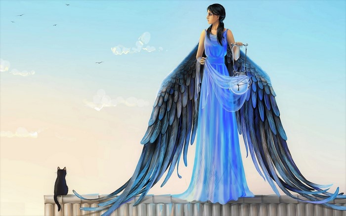 Angel with black cat and lantern