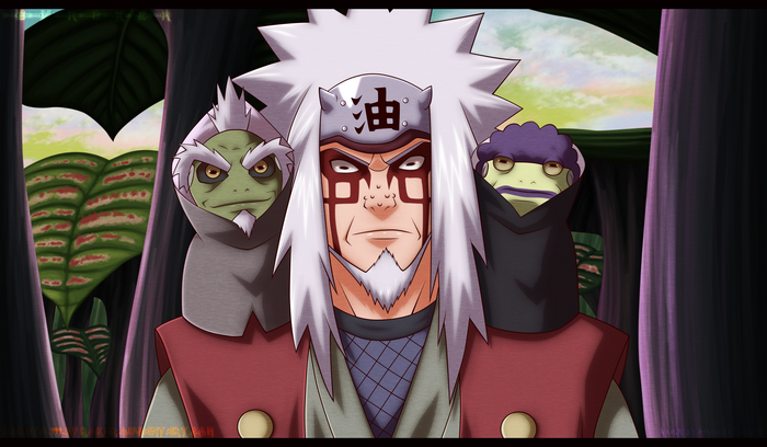 Jiraiya, Fukasaku, and Shima from Naruto
