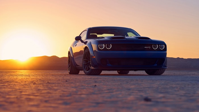 Blue Dodge Challenger SRT Hellcat at Sunset in Desert