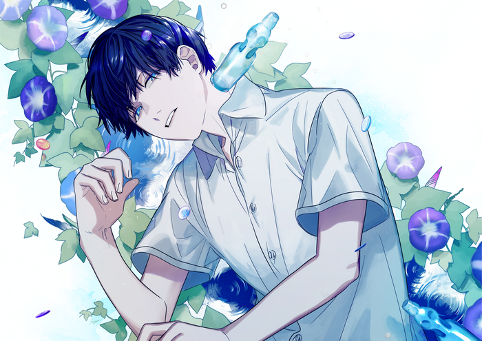 Anime boy with blue hair and flowers