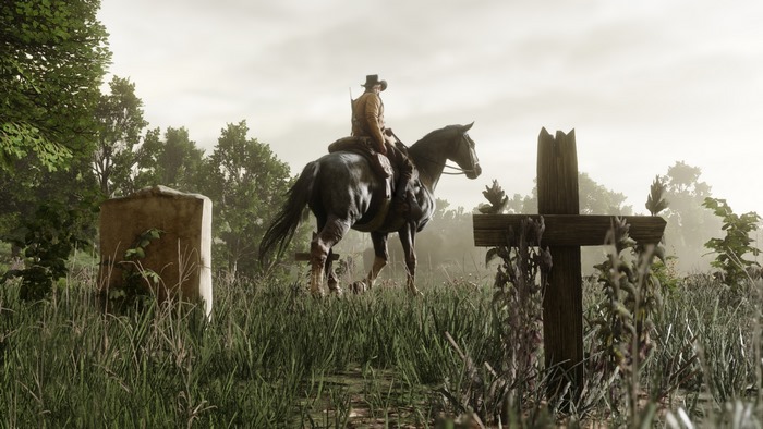 Cowboy on horseback in a cemetery in Red Dead Redemption 2