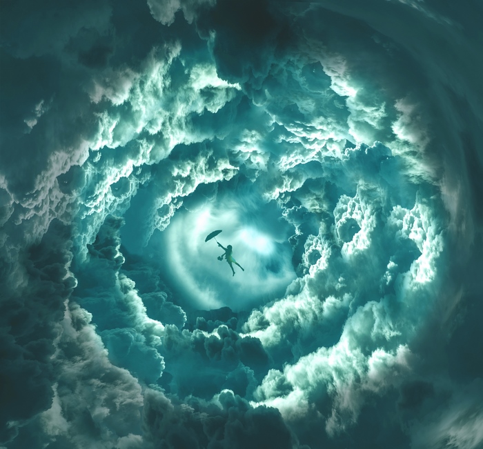 Girl with umbrella flying through clouds