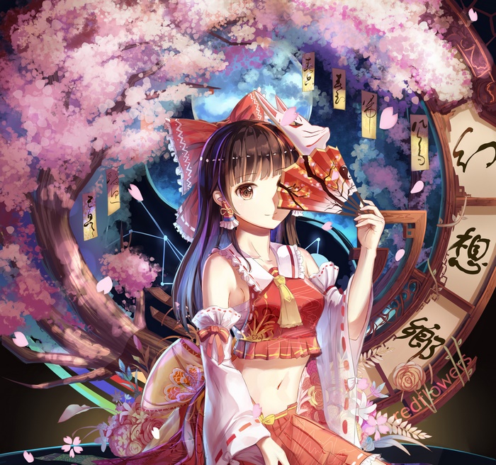Reimu Hakurei with a fan under cherry blossoms