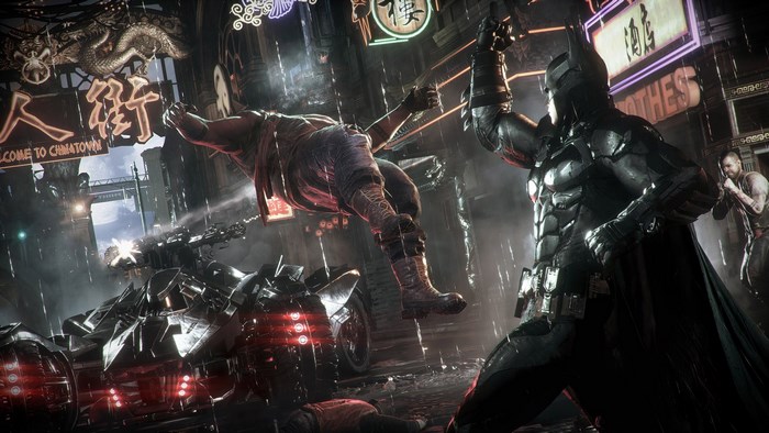 Batman from Batman: Arkham Knight fighting in Chinatown