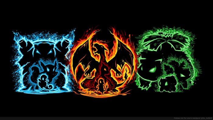 Fiery Charizard, Electric Pikachu, and Leafy Venusaur Art
