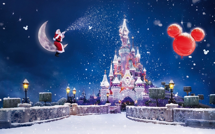 Santa Claus on Moon with Disney Castle and Mickey Balloon
