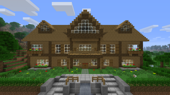 Minecraft wooden house with garden and stairs