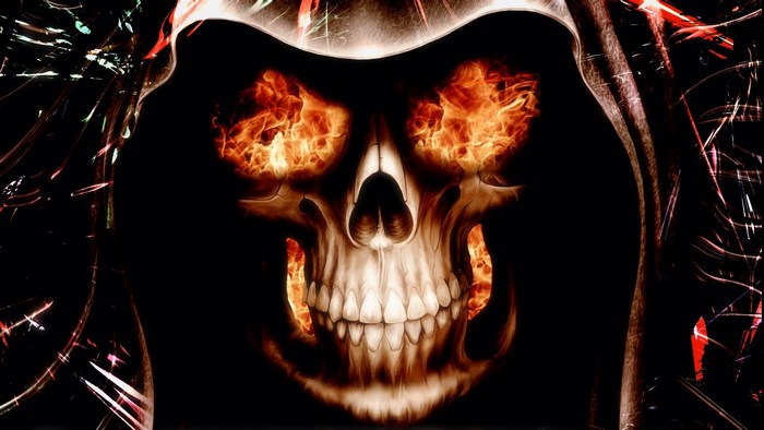 Grim Reaper skull with fiery eyes