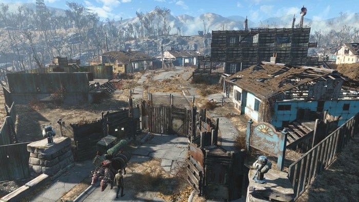 Fallout 4 Sanctuary settlement in a post-apocalyptic wasteland