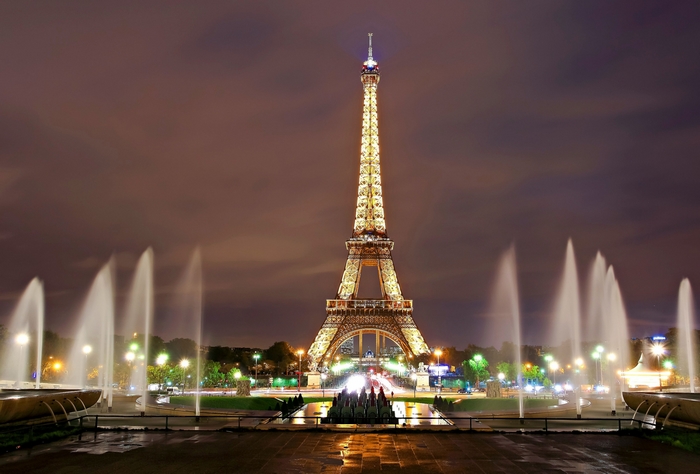 Eiffel Tower at Night with Fountains