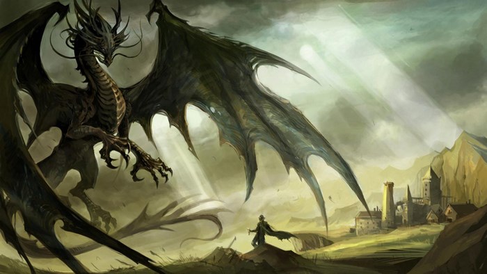 Dragon attacking a village with a knight