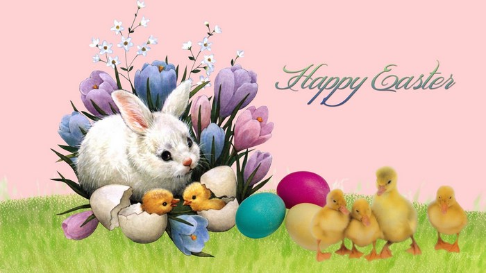 Easter bunny with chicks and flowers