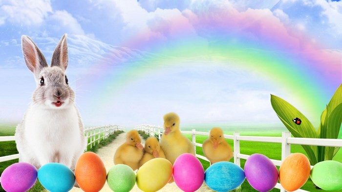 Easter bunny and ducklings with rainbow and eggs
