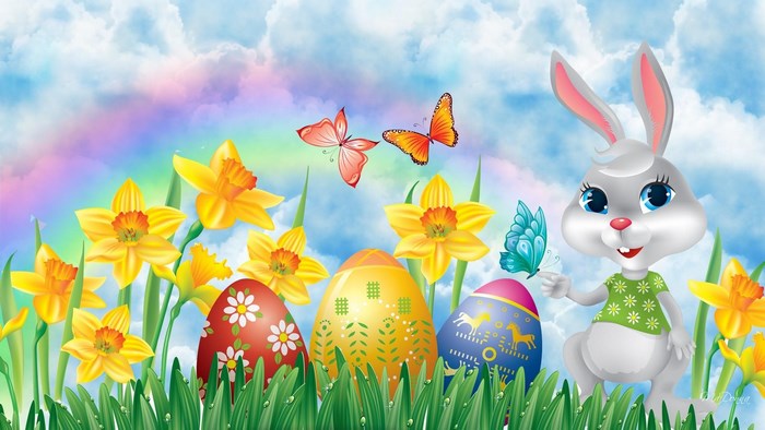 Easter Bunny with Colorful Eggs and Flowers