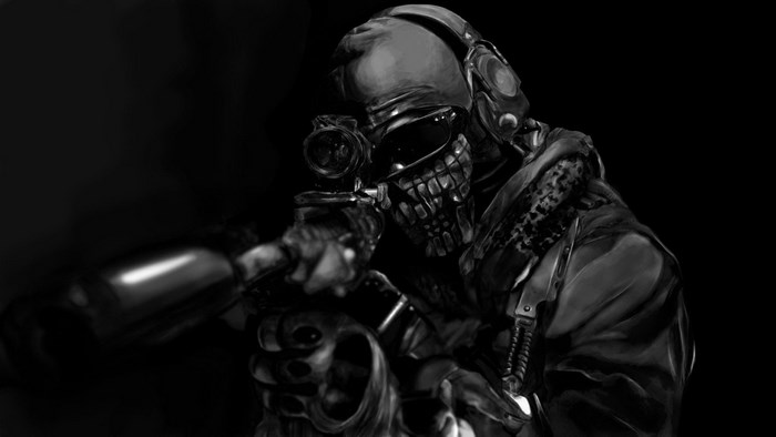 Ghost from Call of Duty aiming a sniper rifle