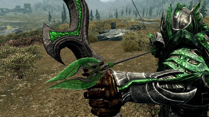 Skyrim character with green armor and bow