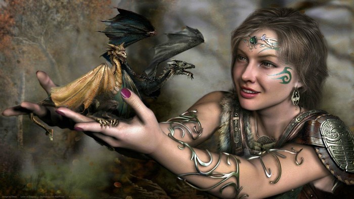 Woman holding baby dragons in Skyrim