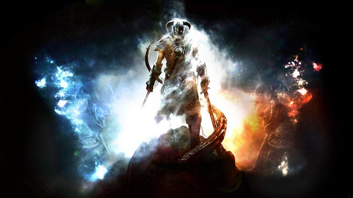 The Dragonborn from Skyrim surrounded by elemental energy