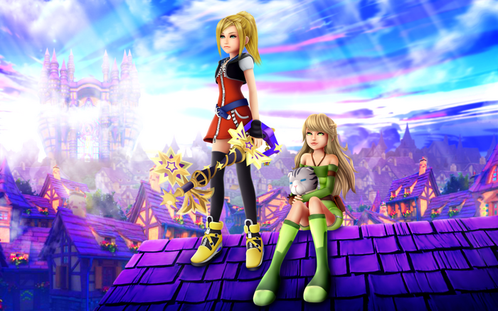 Kairi and Aqua from Kingdom Hearts on a rooftop