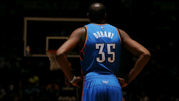Kevin Durant wearing Oklahoma City Thunder jersey