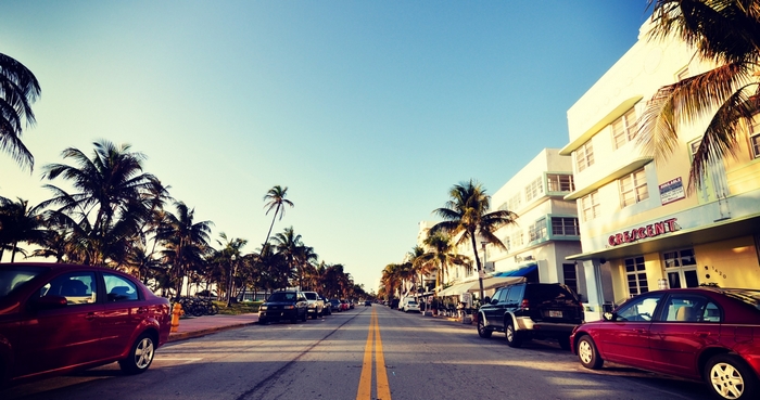 Ocean Drive Miami with Palm Trees and Art Deco Buildings
