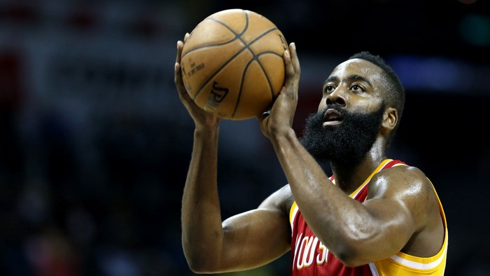James Harden of the Houston Rockets shooting a basketball