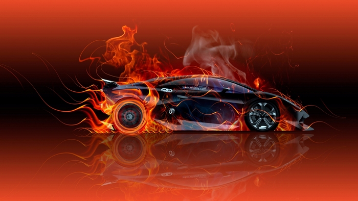 Fiery Sports Car with Flames and Smoke