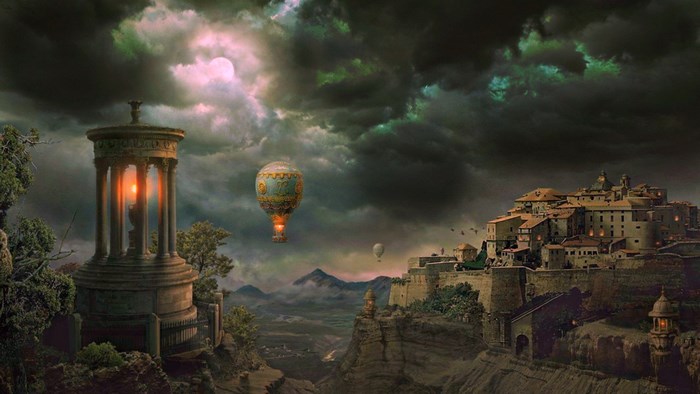 Fantasy landscape with hot air balloons and ancient ruins