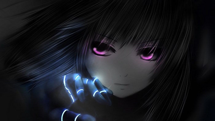 Anime girl with glowing pink eyes and blue cybernetic hands
