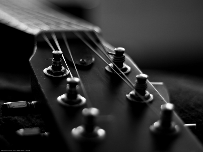 Close-up of an acoustic guitar headstock and tuning pegs