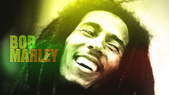 Bob Marley portrait with green and yellow lighting
