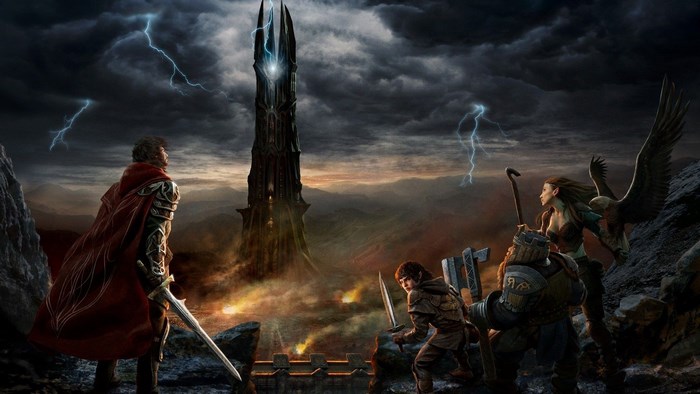 Characters from Lord of the Rings facing a dark tower