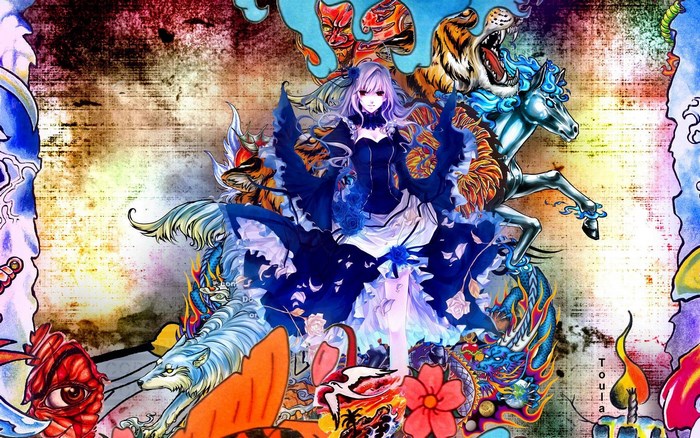 Anime girl with mythical creatures and Japanese art