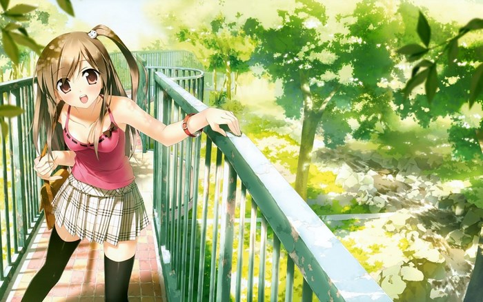 Anime girl with pigtails on a bridge