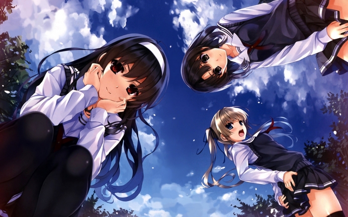 Three anime girls in school uniforms under the sky