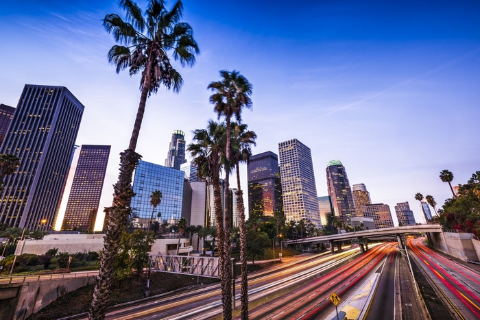 Los Angeles skyline with palm trees and light trails