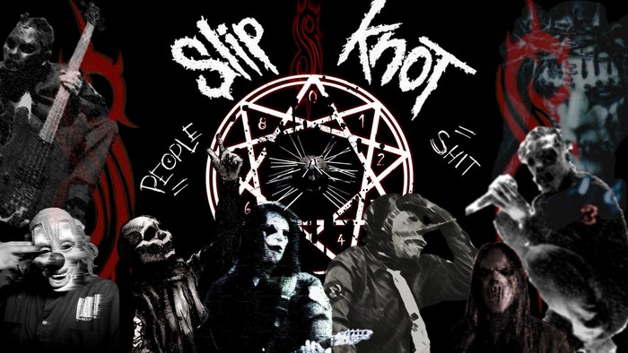 Slipknot band members with masks and symbols