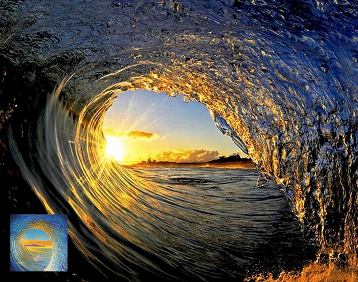 Sunset Through a Curling Ocean Wave in Hawaii
