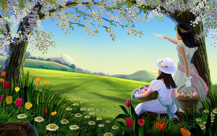 Two girls with Easter baskets in a spring meadow