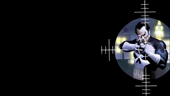The Punisher aiming a rifle through a sniper scope