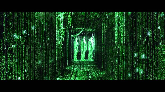 The Matrix digital rain hallway with three figures