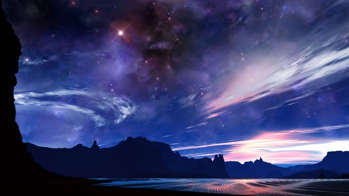 Night sky with stars and nebulae over mountains and water